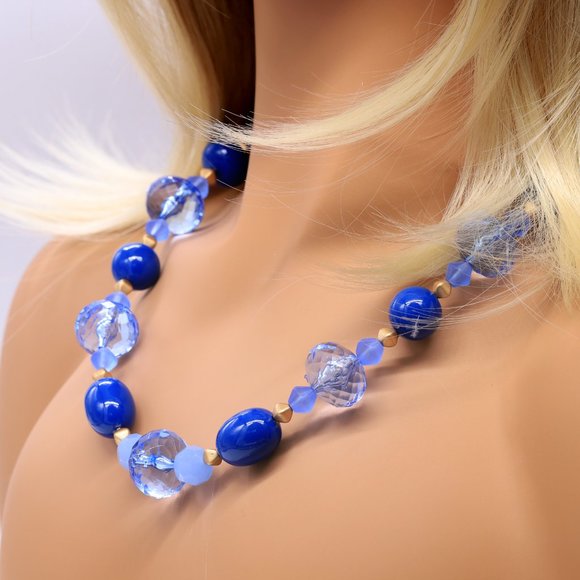 Necklace with crystals and blue and gold accents. Lobster clasp. - Picture 2 of 8